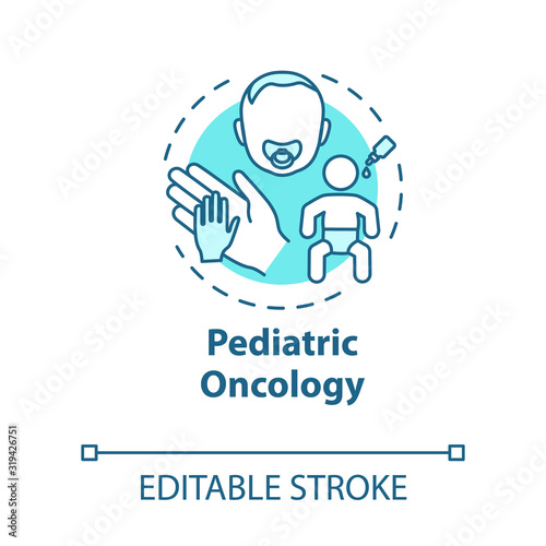 Pediatric oncology concept icon. Child health care. Childhood cancer treatment. Medicine, healthcare. Pediatry idea thin line illustration. Vector isolated outline RGB color drawing. Editable stroke