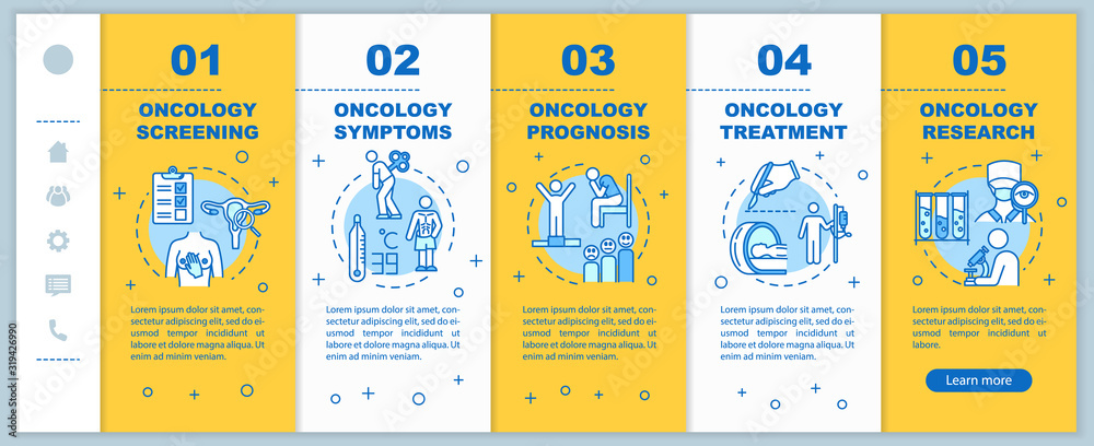 Naklejka premium Oncology onboarding vector template. Illness research and treatment. Responsive mobile website with icons. Cancer symptoms and prognosis. Webpage walkthrough step screens. RGB color concept