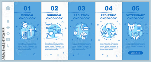 Oncology onboarding vector template. Surgical and radiation cancer treatment. Responsive mobile website with icons. Medical and veterinary oncology. Webpage walkthrough step screens. RGB color concept