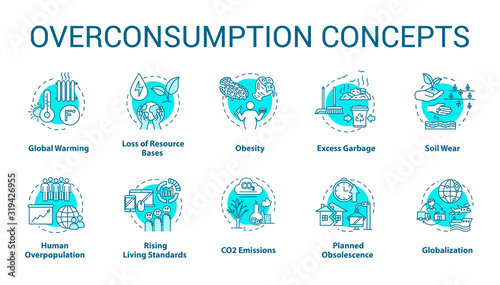 Overconsumption concept icons set. Global warming. Ecological and environmental damage. Consumerism idea thin line RGB color illustrations. Vector isolated outline drawings. Editable stroke