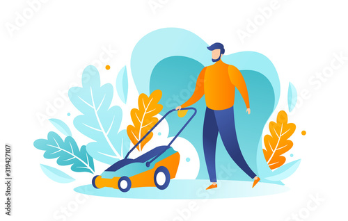 A male bearded gardener mows the grass with a lawn mower. Vector illustration, design concept for Yard care and lawn mowing services. Trendy flat character style. A man trimming the lawn and grass.