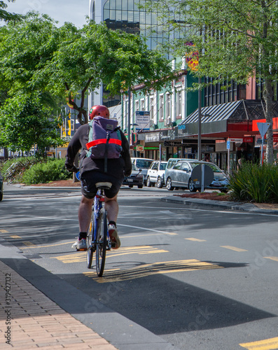 Hamilton centre. New Zealand. Cyclist in town
