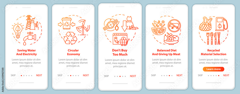 Naklejka premium Responsible consumption onboarding mobile app page screen with concepts. Recycle, ecology. Consumerism walkthrough 5 steps graphic instructions. UI vector template with RGB color illustrations