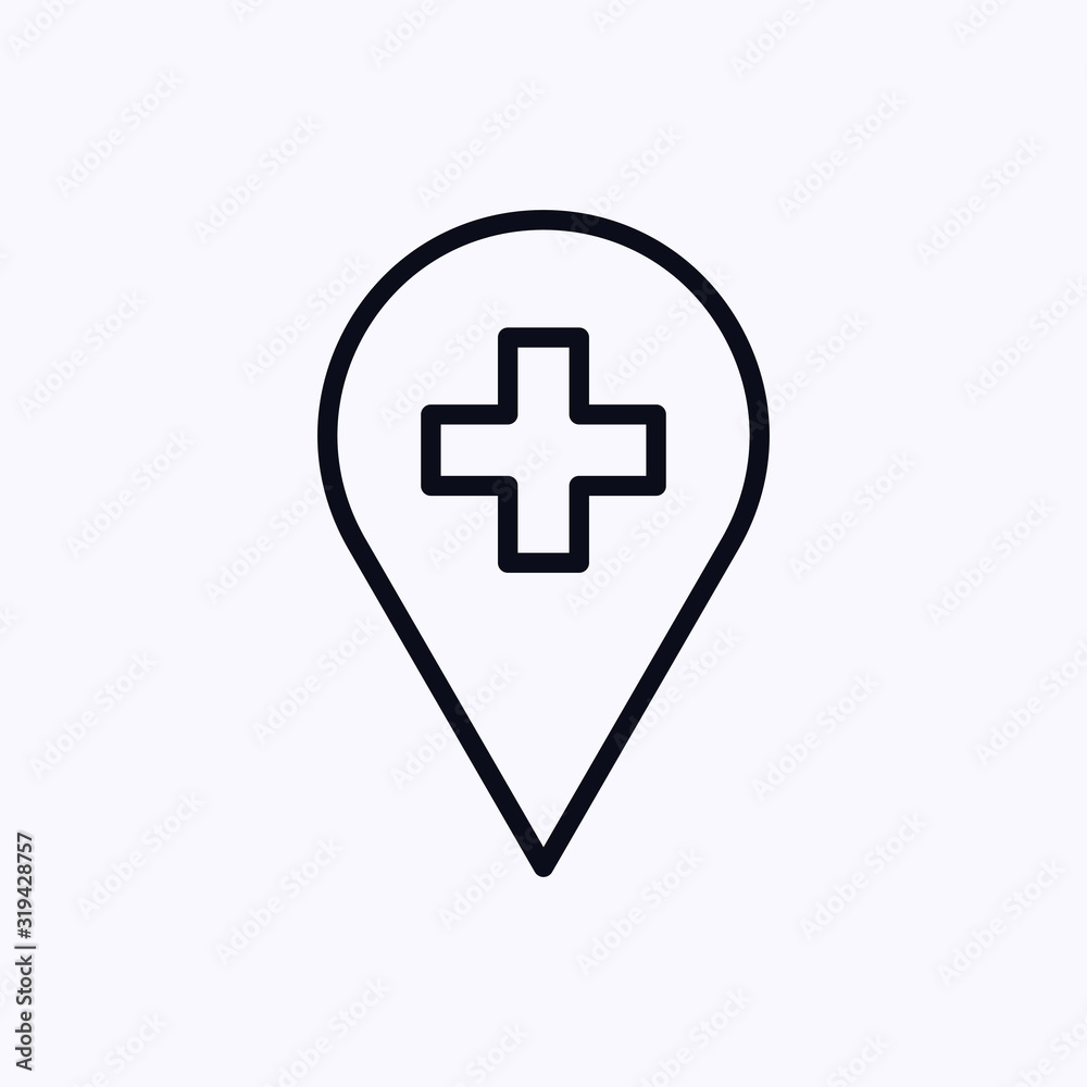 Hospital sign with map marker icon thin