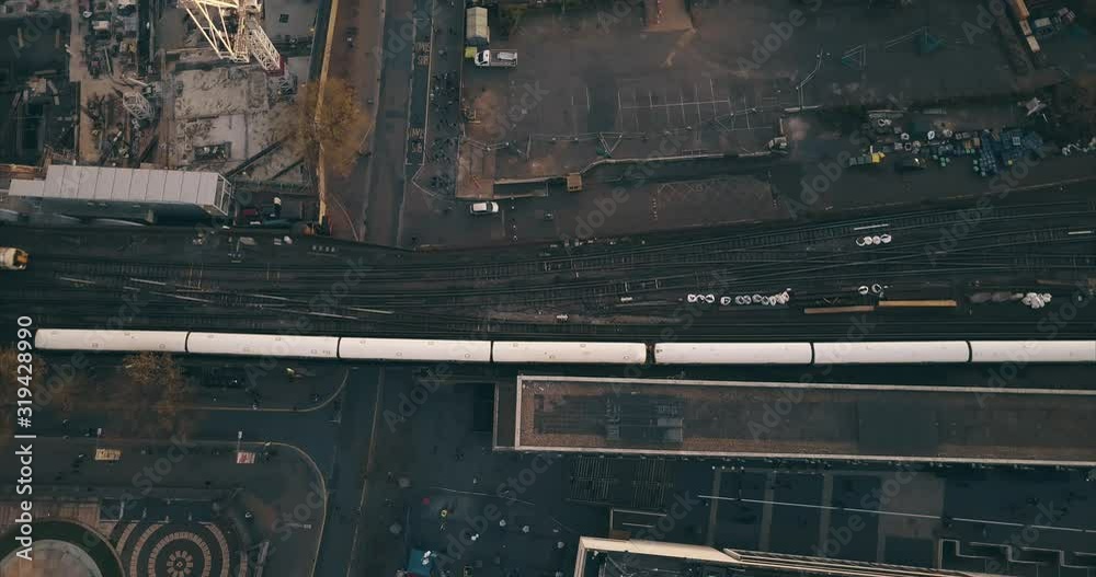 Train track with trains passing London Waterloo Aerial top down birds eye view