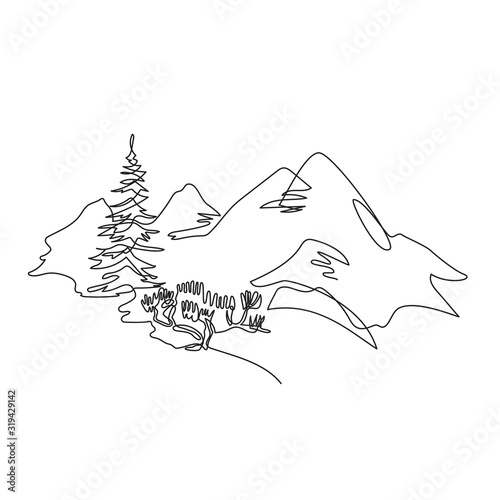 Photo Mountain landscape, drawn in one line. Continuous line. Travels.
