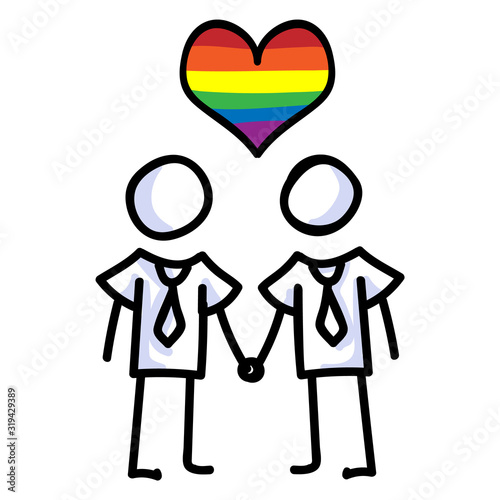 Hand drawn stick figure of gay marriage. Concept of lgbt equality for diversity illustration. Simple icon motif of gay relationship. men,mlm groom, valentines. Vector EPS 10. 