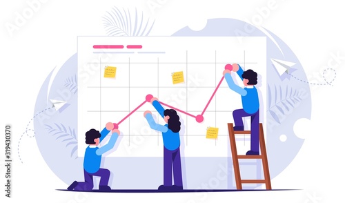 Working in a Team. Teamwork Concept. Business presentation. Business people are pushing up their graph upward. Flat modern illustration for web, print, banner.