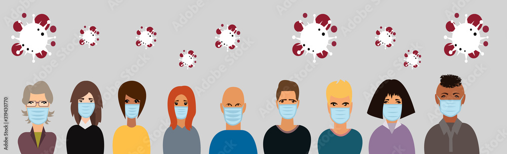Group of people in protective medical face masks. Virus. Coronavirus. Group of people in protective medical face masks. Virus. Coronavirus.