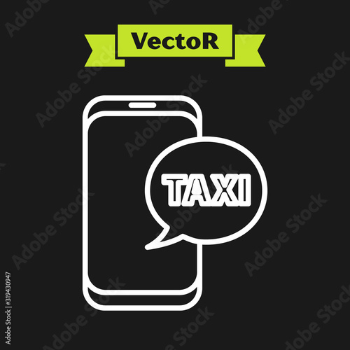 White line Taxi call telephone service icon isolated on black background. Taxi for smartphone. Vector Illustration