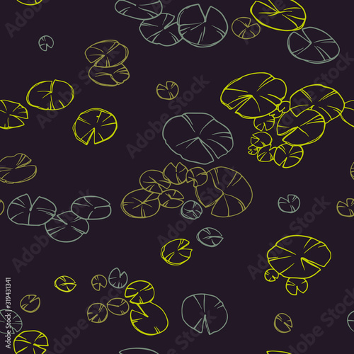 Decorative colorful seamless lily pads. Ornamental line art hand drawing. 