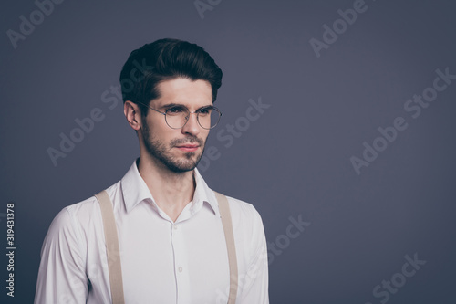 Close-up portrait of his he nice attractive experienced skilled intellectual focused brunette guy IT genius startup owner isolated over grey violet purple pastel color background