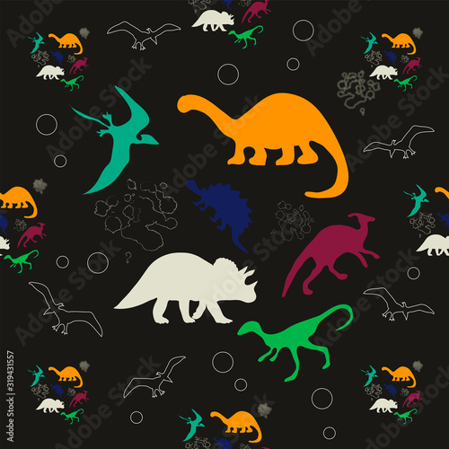 Seamless pattern of multicolored silhouettes of dinosaurs and other shapes.