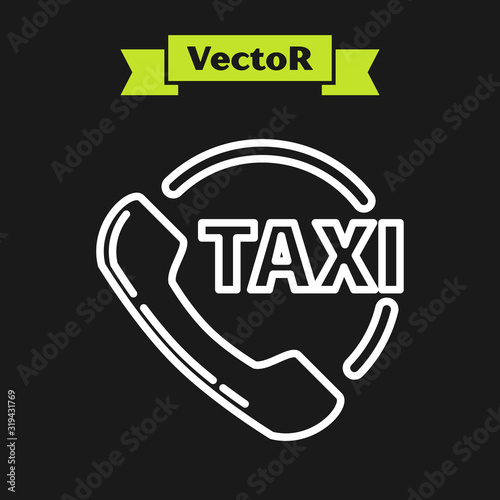 White line Taxi call telephone service icon isolated on black background. Taxi for smartphone. Vector Illustration