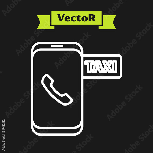 White line Taxi call telephone service icon isolated on black background. Taxi for smartphone. Vector Illustration