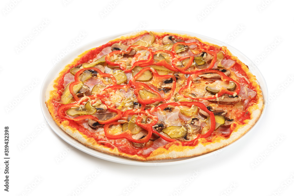 Pizza with ham, mushrooms, pepper and cucumber isolated on white background. Pizza with ham, mushrooms, pepper and cucumber isolated on white background.