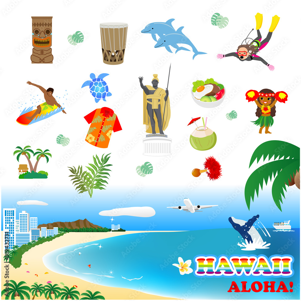 Naklejka premium ハワイの観光、名所のアイコン