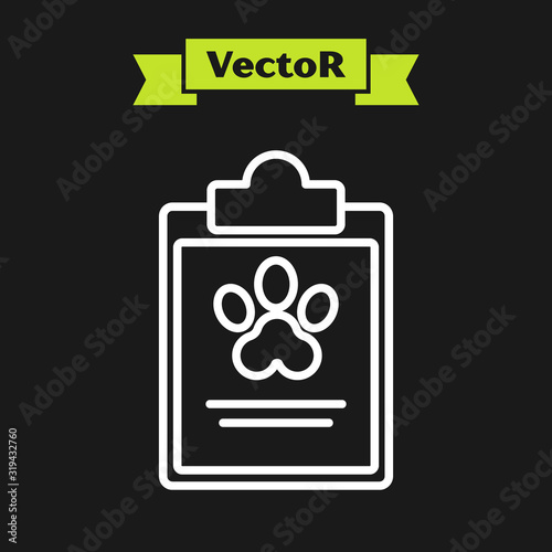 White line Clipboard with medical clinical record pet icon isolated on black background. Health insurance form. Medical check marks report. Vector Illustration