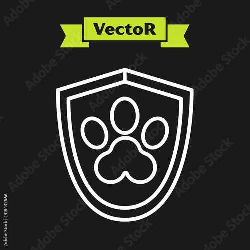 White line Animal health insurance icon isolated on black background. Pet protection icon. Dog or cat paw print. Vector Illustration