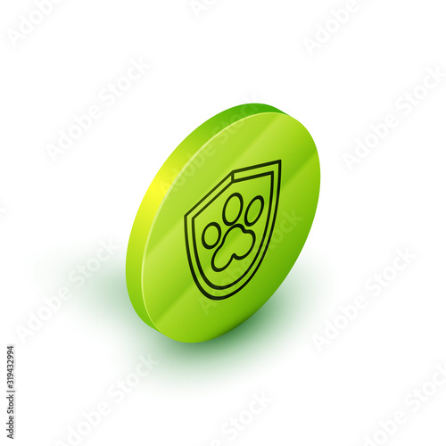 Isometric line Animal health insurance icon isolated on white background. Pet protection icon. Dog or cat paw print. Green circle button. Vector Illustration