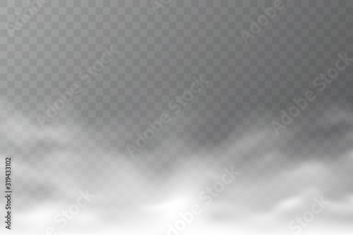 Vector smoke cloud isolated on transparent background. Realistic dense fog. Abstract steam effect for your design. White haze. Vector illustration.