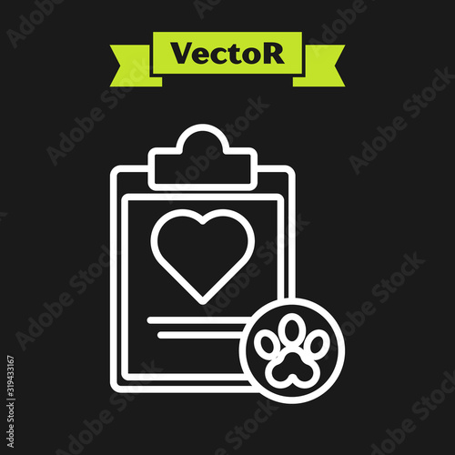 White line Clipboard with medical clinical record pet icon isolated on black background. Health insurance form. Medical check marks report. Vector Illustration