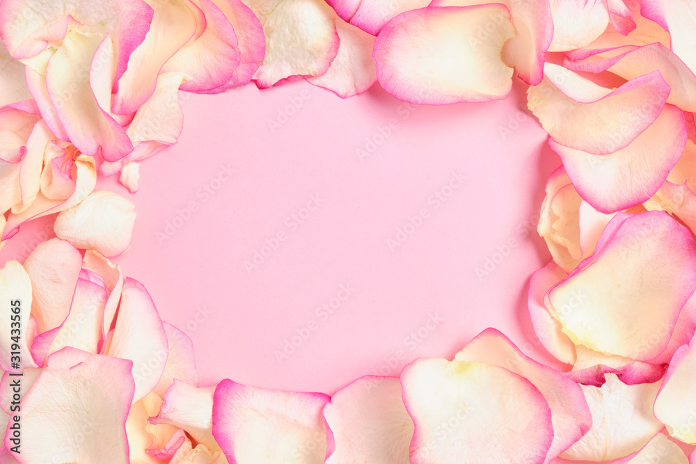 Background of beautiful white rose petals pink color with copy space. Close up.