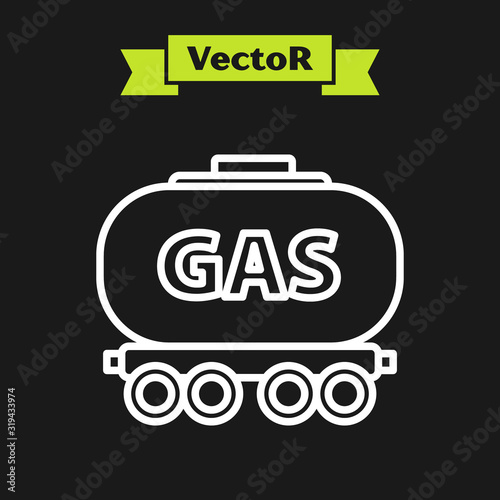 White line Gas railway cistern icon isolated on black background. Train gasoline tank on railway car. Rail freight. Vector Illustration