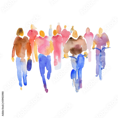 Vector spot with watercolors in the form of a group of people. Hand-drawn watercolor illustration: silhouettes of a group of people in full growth. Crowd