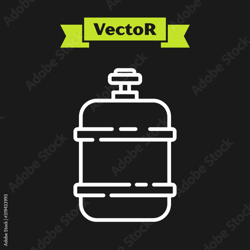 White line Propane gas tank icon isolated on black background. Flammable gas tank icon. Vector Illustration