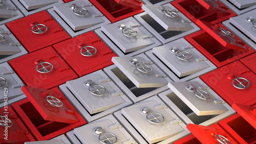 3d render an array of white and red safes. Grid structure. Perspective view.