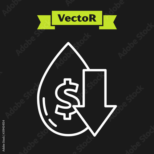 White line Drop in crude oil price icon isolated on black background. Oil industry crisis concept. Vector Illustration