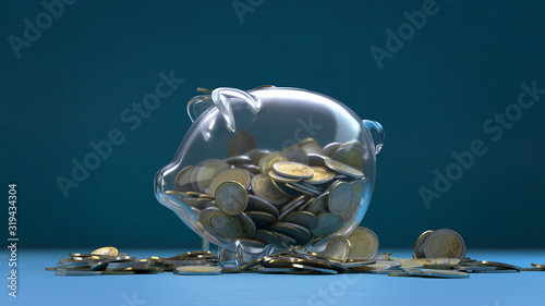 3d render glass piggy bank with coins around and inside on a blue background. Perspective view.