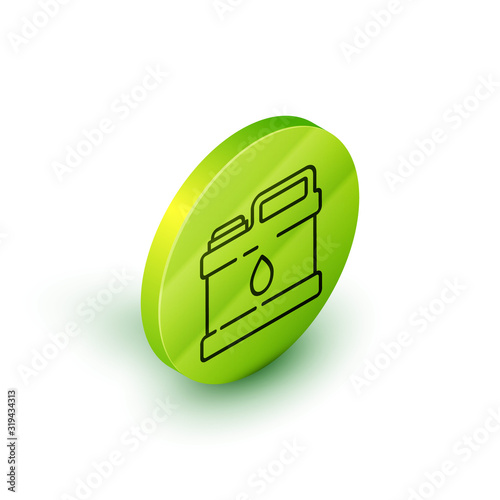 Isometric line Plastic canister for motor machine oil icon isolated on white background. Oil gallon. Oil change service and repair. Green circle button. Vector Illustration