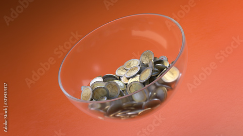 3d render glass plate with coins inside on an orange background. Perspective view.