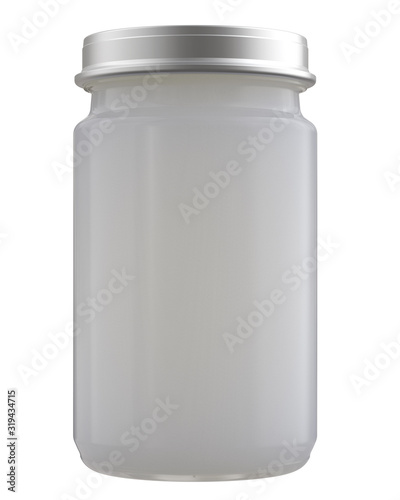 White Colorless Baby Puree, Jam or other Food in Tall Glass Jar. Realistic 3D Render Isolated on White.