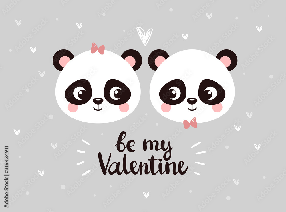 Two little faces of pandas are looking at each other among hearts on a gray background.