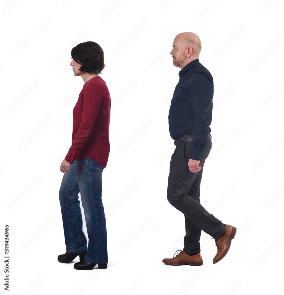 couple walking on white background, profile couple walking on white background, profile