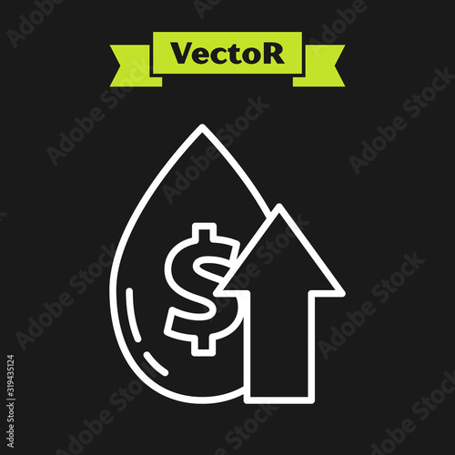 White line Oil price increase icon isolated on black background. Oil industry crisis concept. Vector Illustration