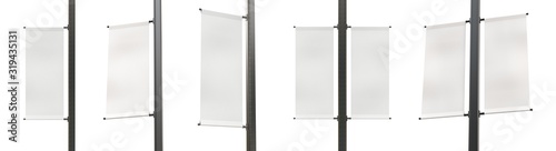 Set of Different Angles of Empty Lamp Post Banners Isolated on White Background. Standard Size of Canvas. Realistic 3D Render.