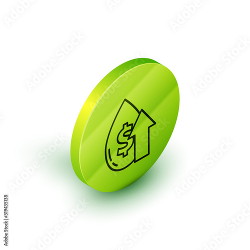 Isometric line Oil price increase icon isolated on white background. Oil industry crisis concept. Green circle button. Vector Illustration