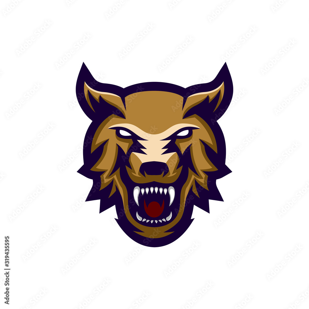Obraz premium Angry wolf head logo with sharp teeth vector illustration, suitable for the sports team mascot logo and e sports team