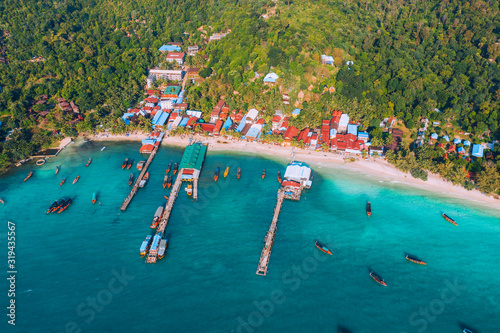 Cambodia aerial view of Koh Rong island , village on the beach nearby ocean. photo