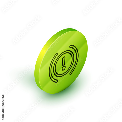 Isometric line Brake system warning icon isolated on white background. Exclamation mark in the car. Dashboard attention sign. Green circle button. Vector Illustration