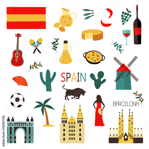 Spain icons set. Spanish traditional symbols and objects on white.
