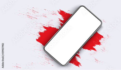 Smartphone blank screen, phone mockup. The view from the top of the phone on a red spot. Template for infographics or presentation UI design interface. vector red