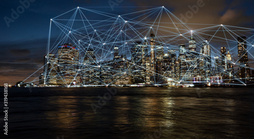 Network connects skyline of New York City at night