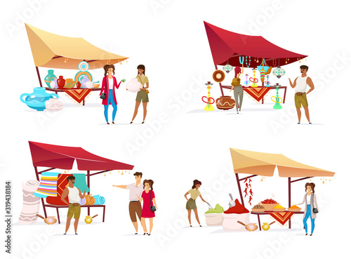 Tourists at eastern bazaar flat color vector faceless characters set. Egypt marketplace awnings with handmade pottery, carpets and spices. Buyers and vendors isolated cartoon illustrations on white