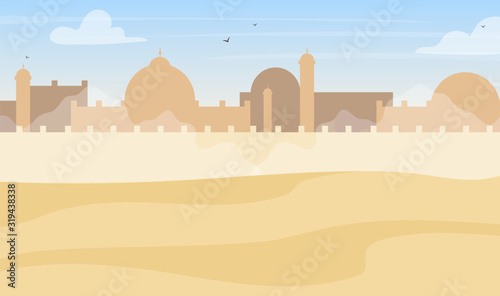 Desert town silhouette landscape flat color vector background. Muslim buildings, sands and blue sky. Islamic turkish architecture cartoon backdrop. Mosque and fortified wall, minaret illustration