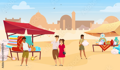 Tourists visiting egyptian bazaar flat color vector illustration. Arabic street market. Travelers buying carpets and handmade pottery faceless cartoon characters with mosque on background © The img